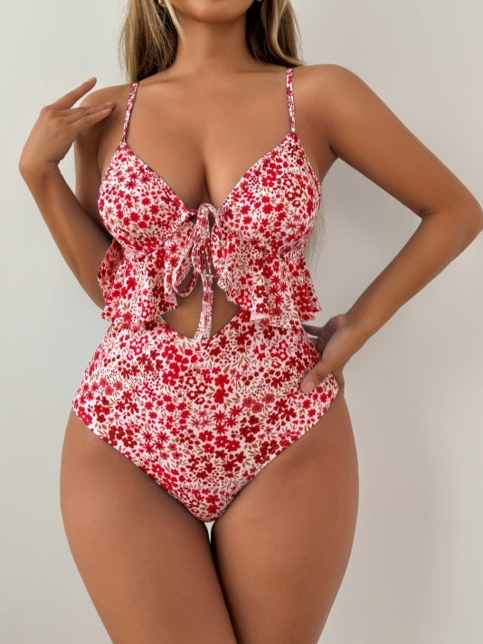 Damen Eleganter zweifarbiger Badeanzug mit Rüschendetail R&B