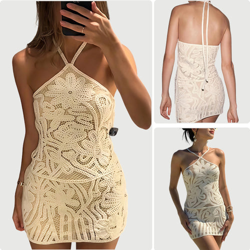 Damen Häkelkleid mit kontrastierenden Blütenmustern und raffinierten Spaghettiträgern R&B