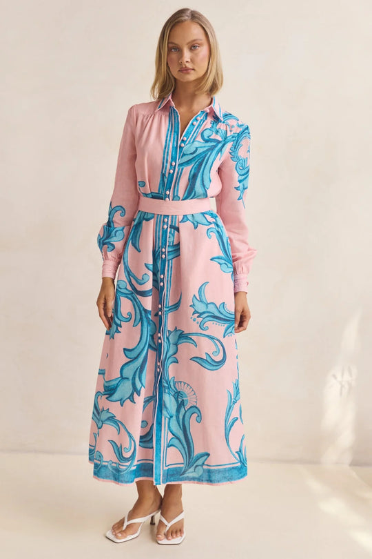 Damen Langarmhemdkleid mit floralen Akzenten und Taillengürtel R&B