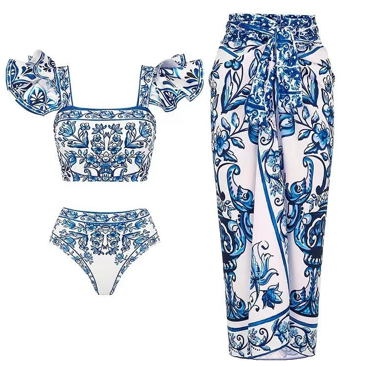 Damen Bikini-Set mit verspieltem Puffärmel und elegantem Wickelrock R&B