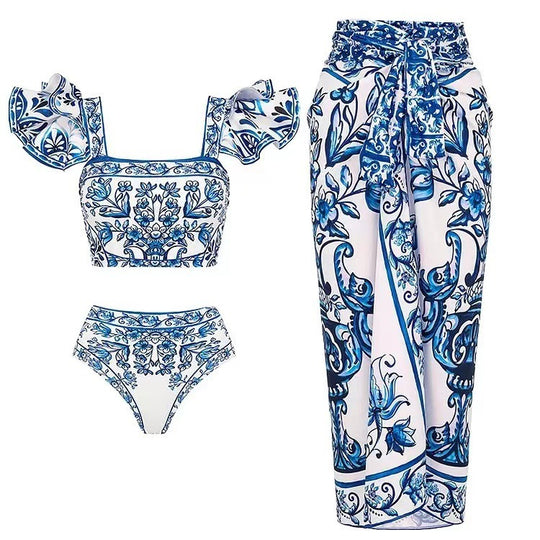 Damen Bikini-Set mit verspieltem Puffärmel und elegantem Wickelrock R&B