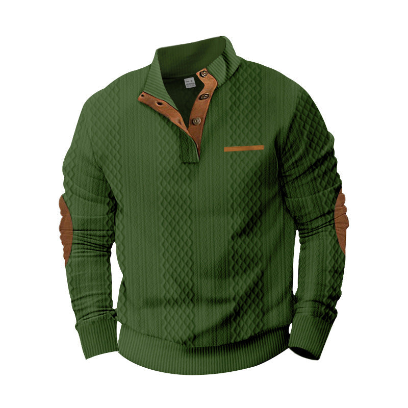 Herren nan strukturierter Strickpullover mit Stehkragen, Knopfleiste und Ellenbogenpatches R&B