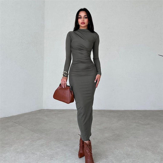 Damen figurbetontes Langarmkleid mit raffiniertem Drapierungseffekt R&B