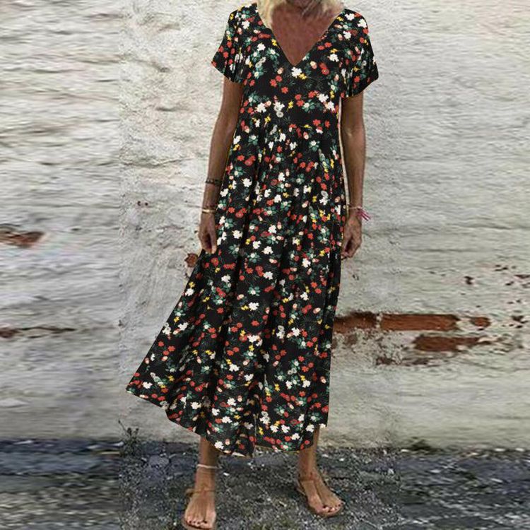 Damen nan V-Ausschnitt-Maxikleid mit feinem Faltenrock, Empire-Passe und Kurzarm R&B