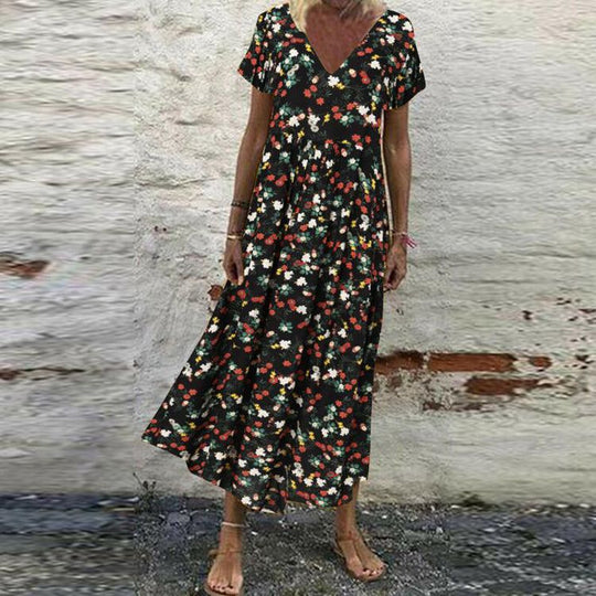 Damen nan V-Ausschnitt-Maxikleid mit feinem Faltenrock, Empire-Passe und Kurzarm R&B
