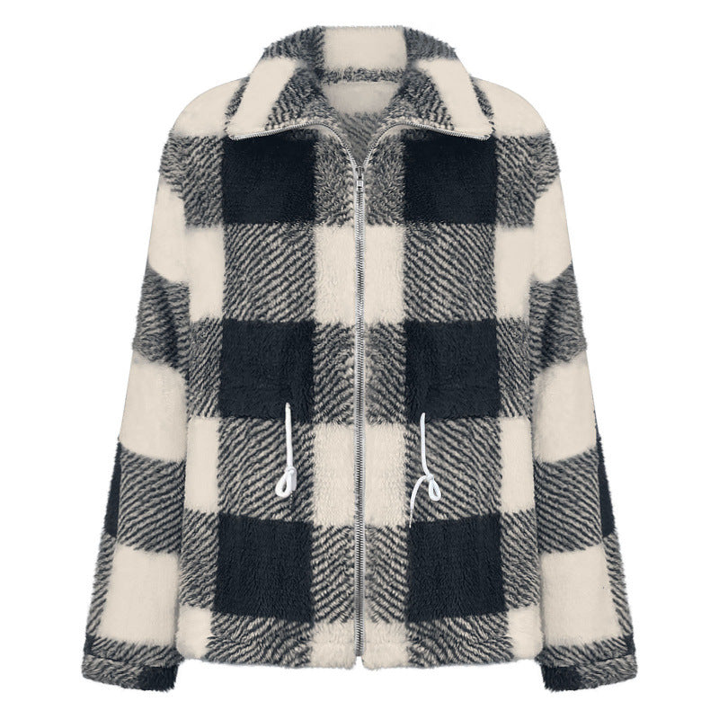 Damen kuschelige Oversize-Jacke mit kariertem Muster R&B