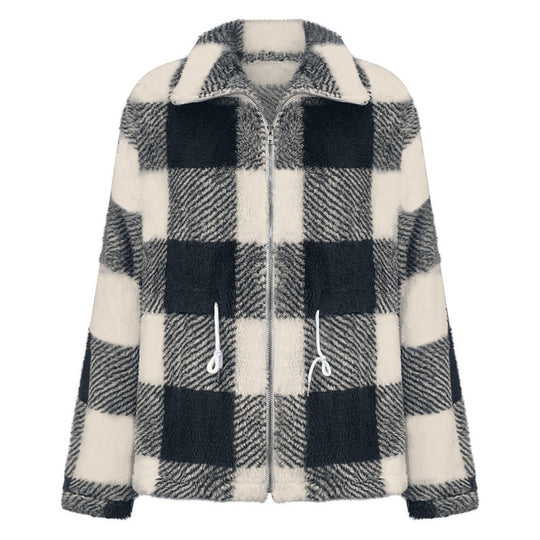 Damen kuschelige Oversize-Jacke mit kariertem Muster R&B