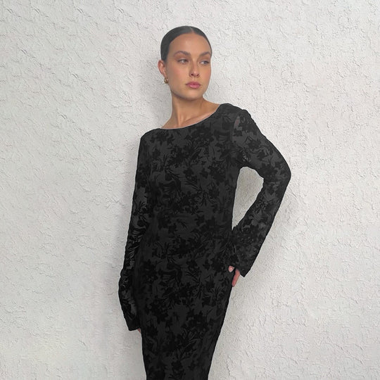 Damen Elegantes Langarmkleid mit floralen Mustern und figurbetonter Silhouette R&B
