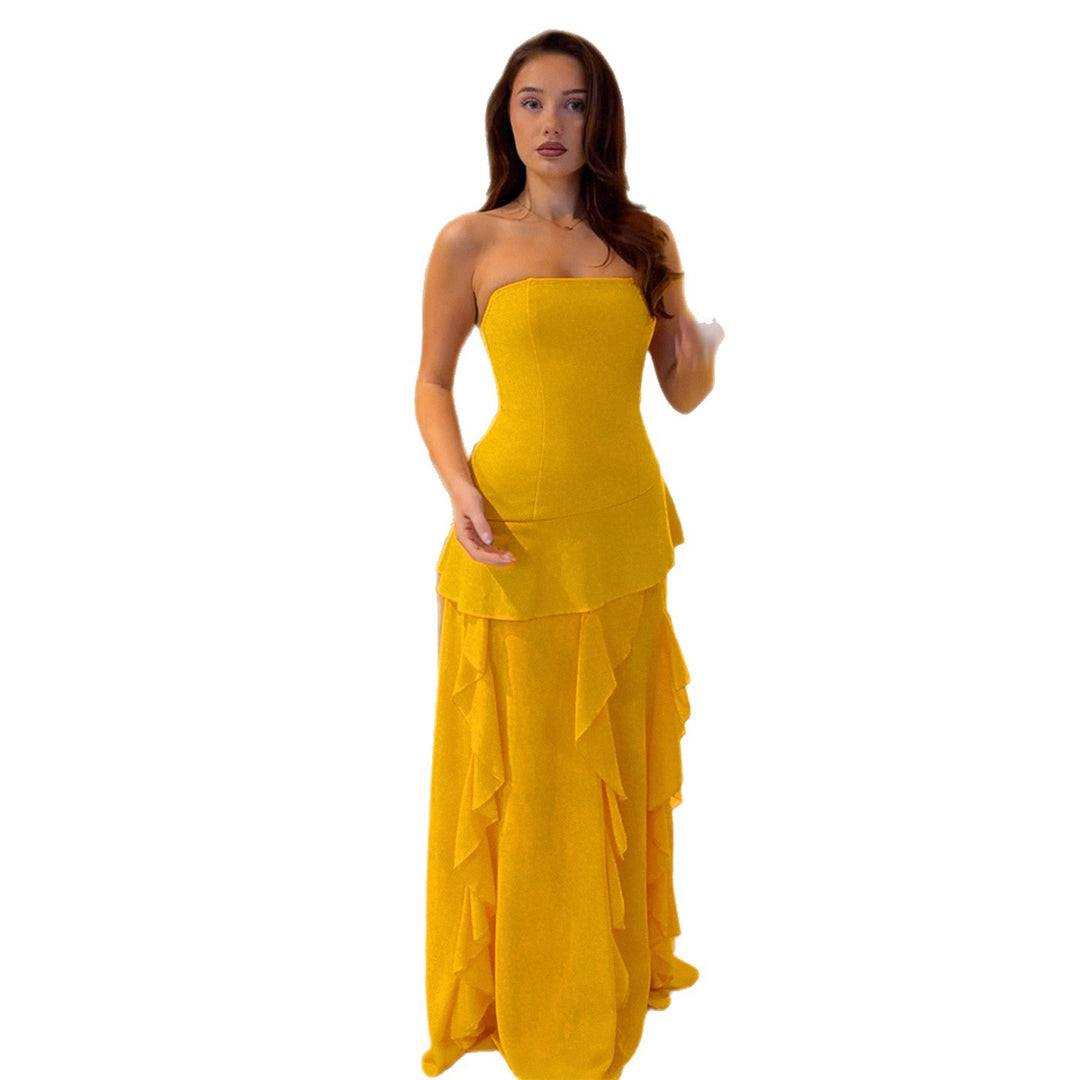 Damen fließendes Maxikleid mit Rüschen und Volant R&B