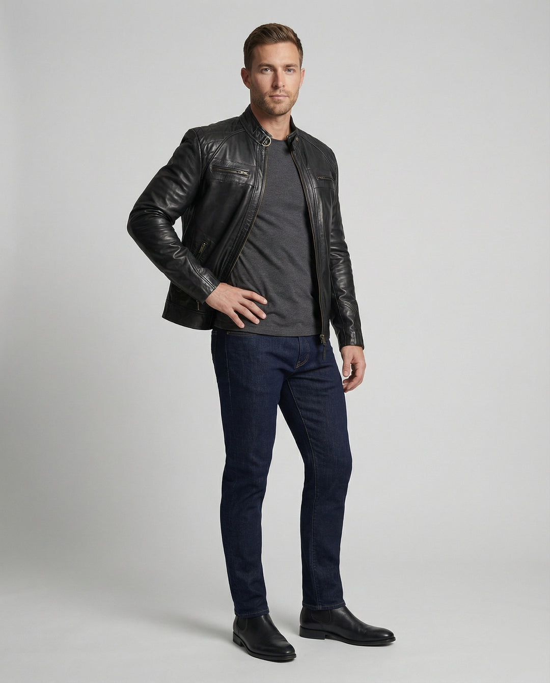 Herren Lederjacke mit Stehkragen und Ziernähten R&B