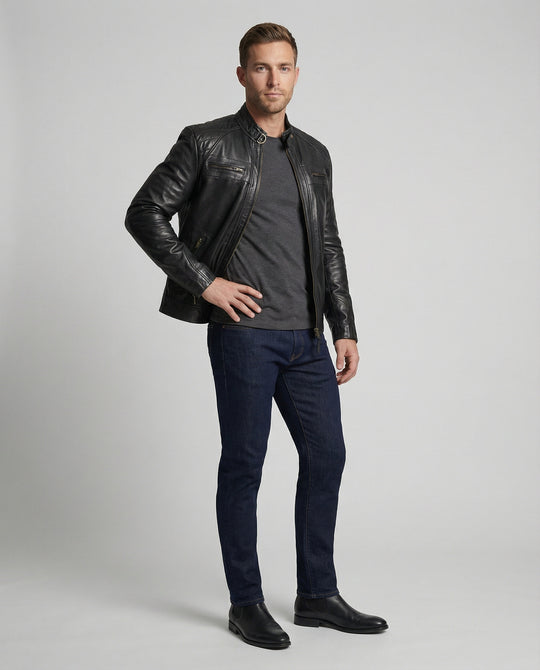 Herren Lederjacke mit Stehkragen und Ziernähten R&B