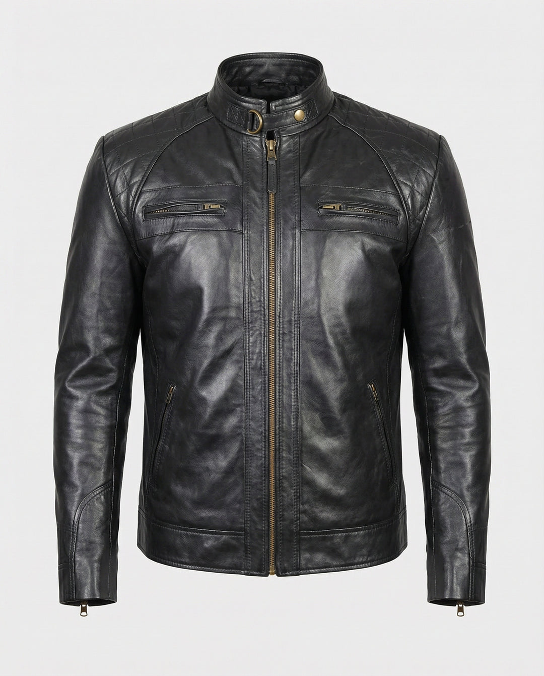 Herren Lederjacke mit Stehkragen und Ziernähten R&B