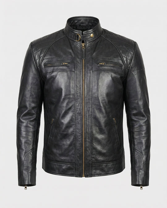 Herren Lederjacke mit Stehkragen und Ziernähten R&B