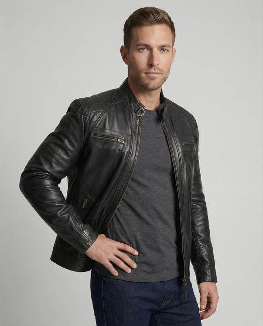Herren Lederjacke mit Stehkragen und Ziernähten R&B