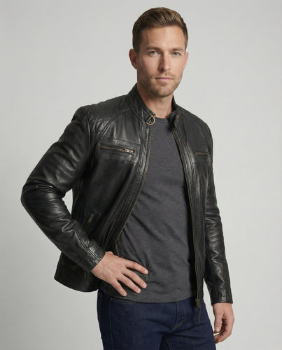 Herren Lederjacke mit Stehkragen und Ziernähten R&B