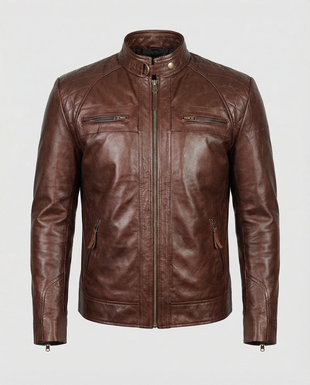 Herren Lederjacke mit Stehkragen und Ziernähten R&B