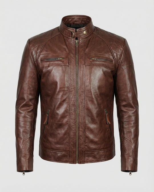 Herren Lederjacke mit Stehkragen und Ziernähten R&B