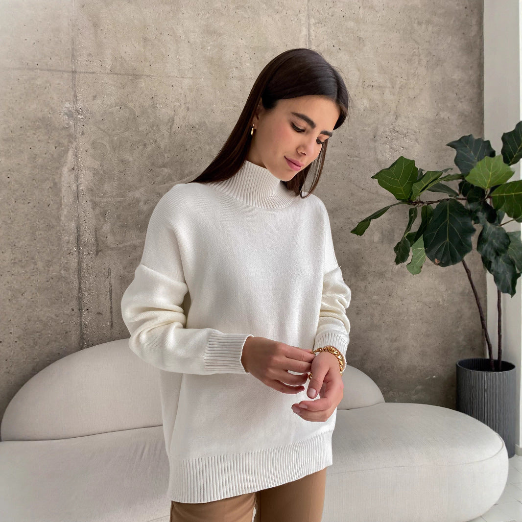 Damen eleganter Strickpullover mit hohem Kragen R&B