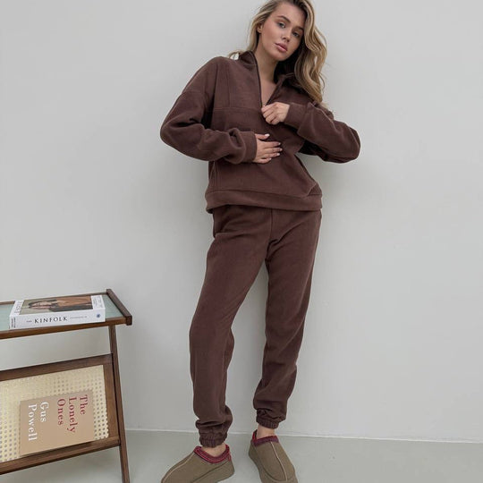 Damen gemütliches Fleece-Hoodie-Set mit hohem Kragen und praktischen Taschen R&B