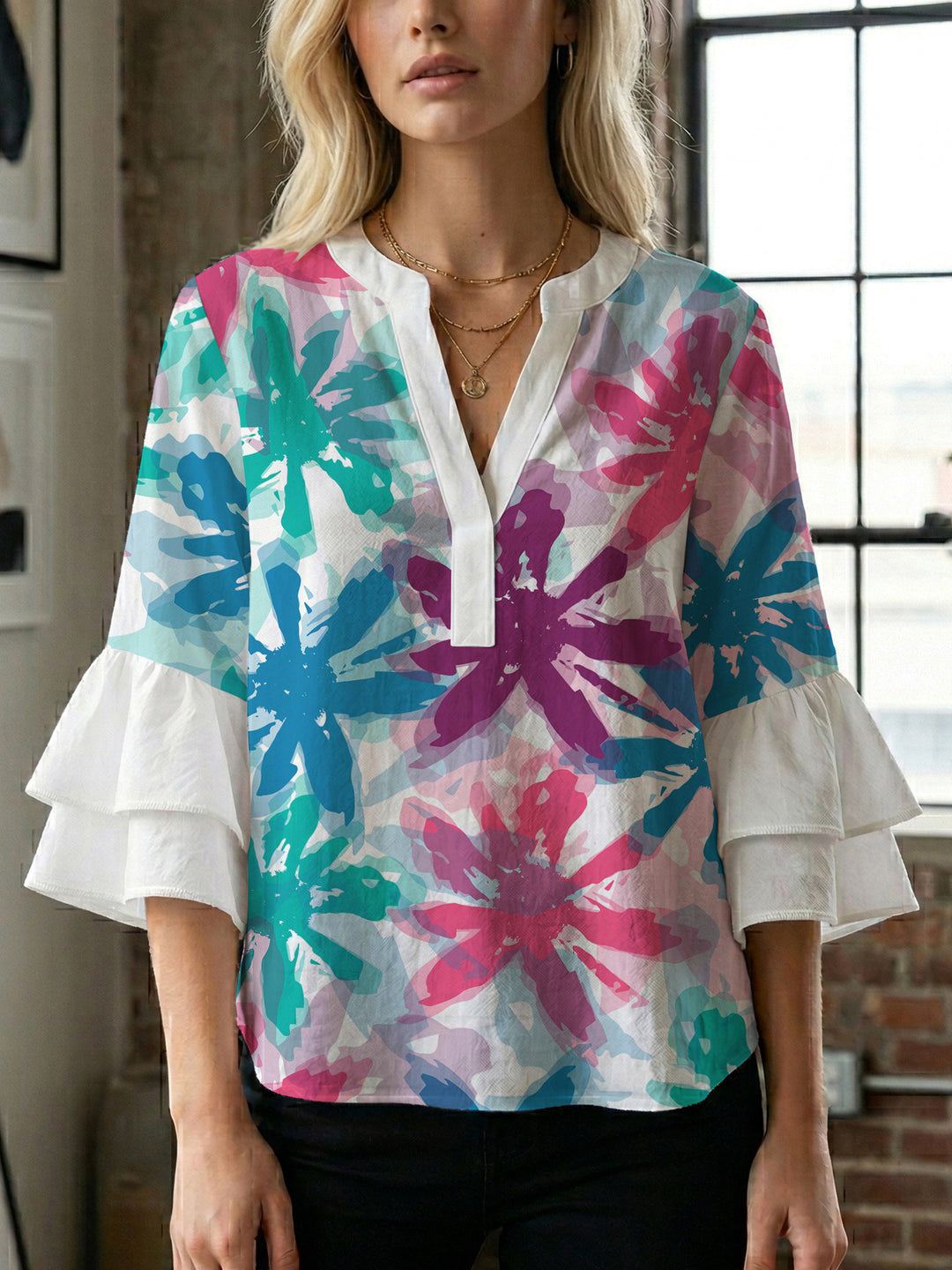 Damen Bluse mit voluminösen Ärmeln und floralem Design R&B