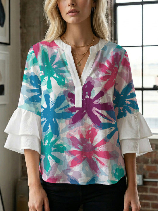 Damen Bluse mit voluminösen Ärmeln und floralem Design R&B