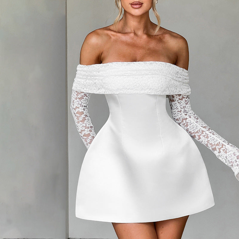 Damen Offshoulder Minikleid mit Spitzenärmeln und taillierter Silhouette R&B