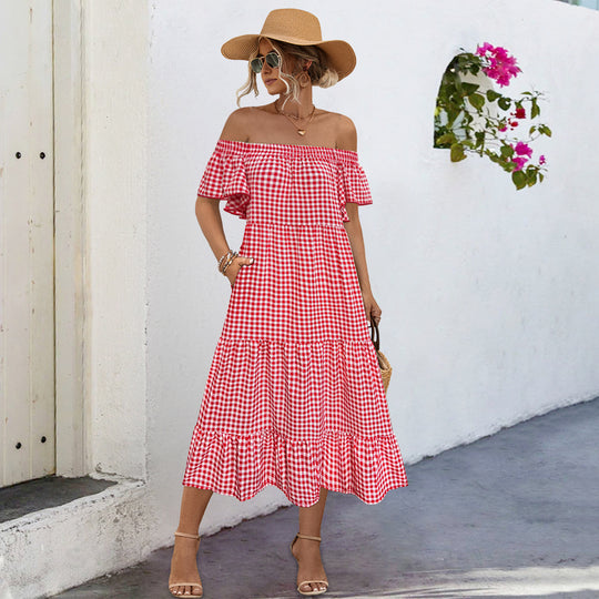 Damen Off-Shoulder Maxikleid mit raffinierten Rüschendetails und lockerer A-Linien-Silhouette R&B