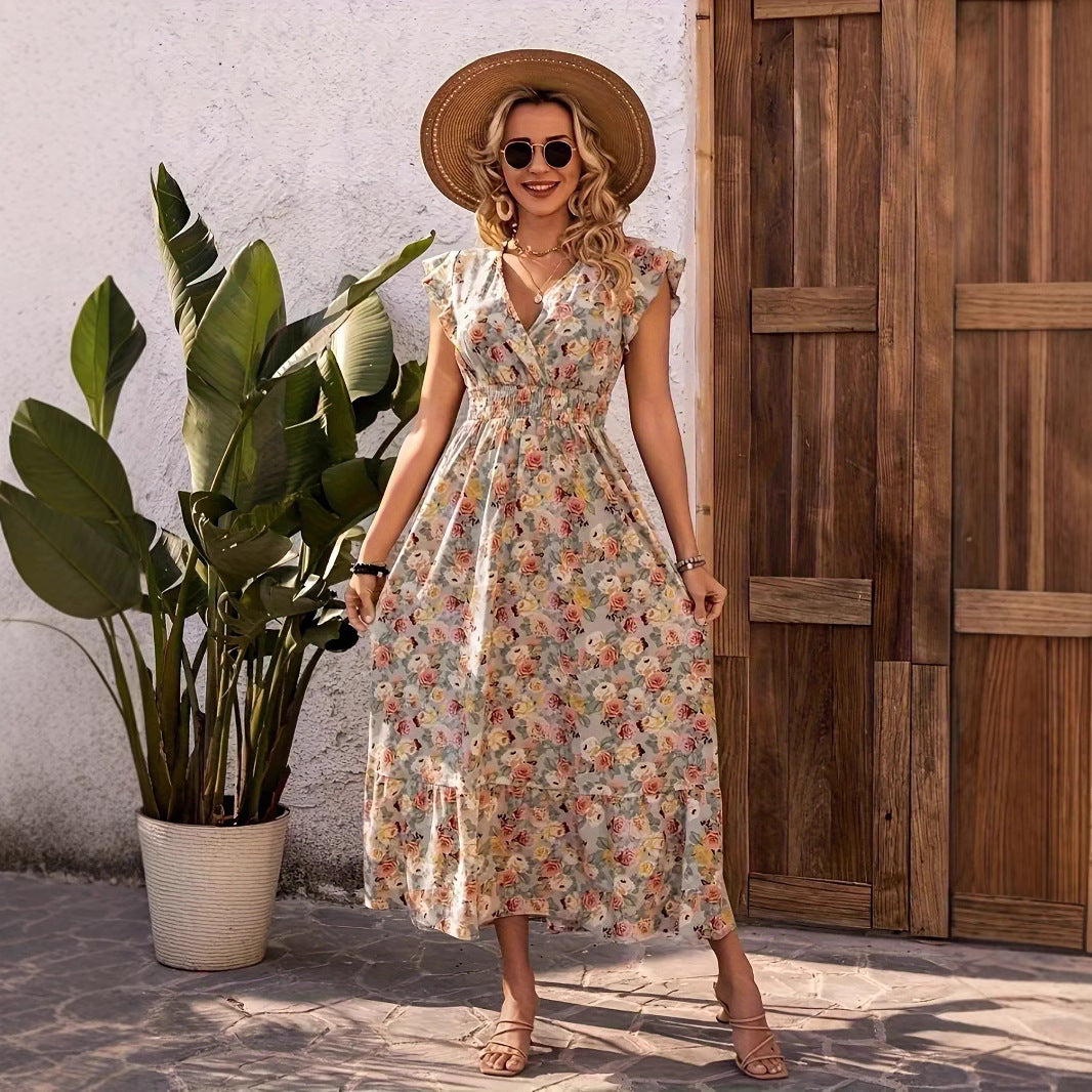 Damen Maxikleid mit floralem Design und lässigem V-Ausschnitt R&B