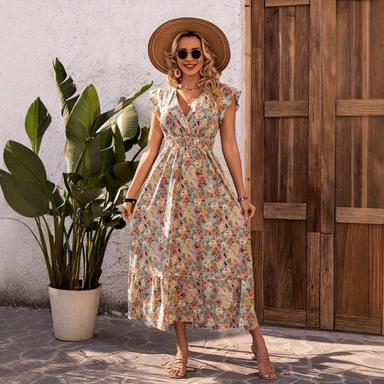 Damen Maxikleid mit floralem Design und lässigem V-Ausschnitt R&B