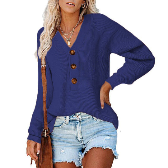 Damen Strickpullover mit Knopfdetails und tiefem V-Ausschnitt R&B