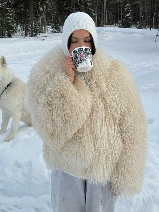 Damen luxuriöse Kunstfelljacke mit voluminösen Ärmeln R&B