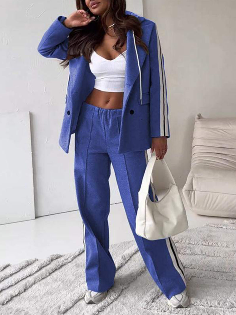 Damen nan sportlich-elegantes Blazer-Zweiteiler mit Kapuzenblazer und weiter Trainingshose mit seitlichem Streifen R&B