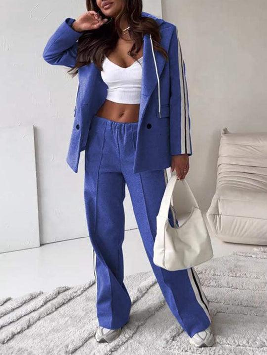 Damen nan sportlich-elegantes Blazer-Zweiteiler mit Kapuzenblazer und weiter Trainingshose mit seitlichem Streifen R&B