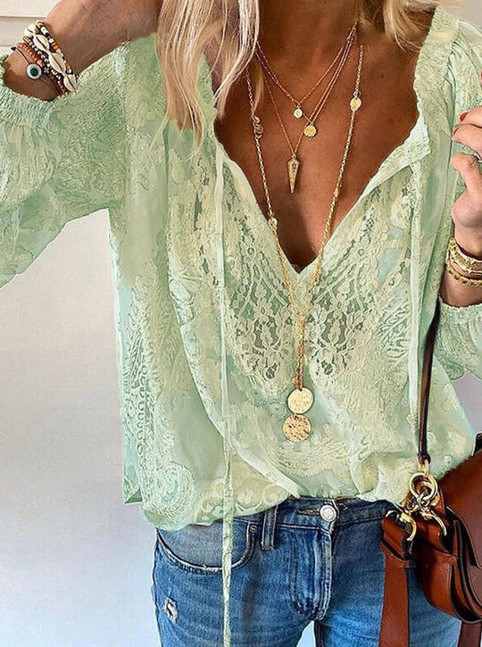 Damen Elegante und feminine Bluse mit V-Ausschnitt und Spitzenakzenten R&B