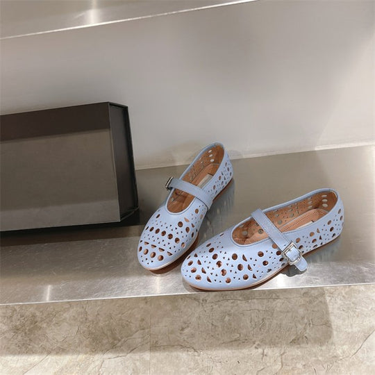 Damen elegante Ballerinas im modischen Lochdesign mit verstellbarem Riemen R&B