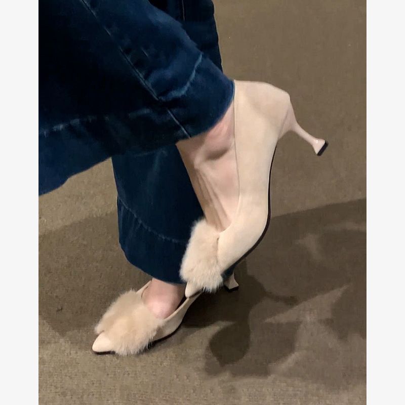 Damen elegante High Heel Schuhe mit luxuriösem Fellbesatz