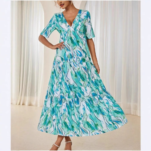 Damen Maxikleid mit voluminösen Rüschen und modischem V-Ausschnitt R&B