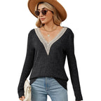 Damen Strickpullover mit V-Ausschnitt und romantischer Spitze R&B