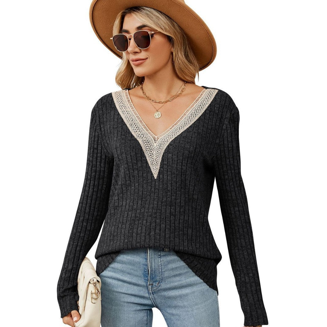 Damen Strickpullover mit V-Ausschnitt und romantischer Spitze R&B