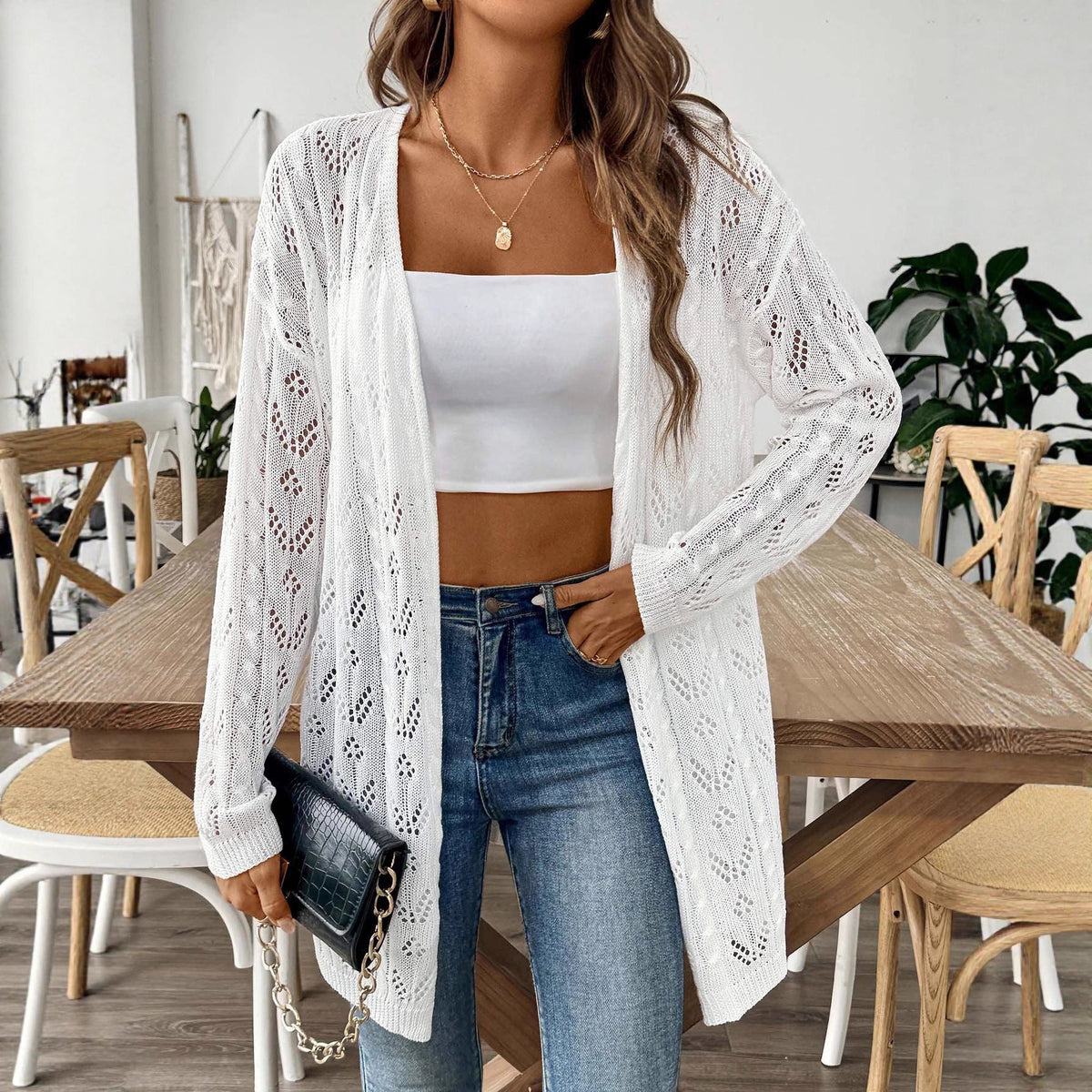 Damen leichte Strickjacke im eleganten Lochmuster R&B