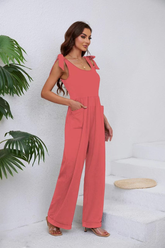 Damen Eleganter Jumpsuit mit verstellbaren Trägern und weitem Bein R&B