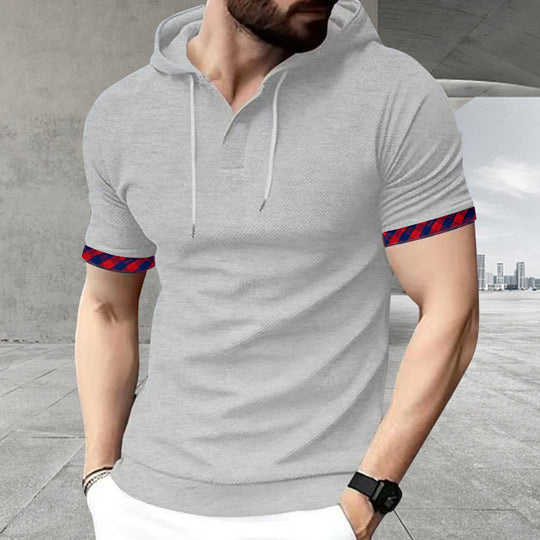 Herren nan schmal geschnittenes Kurzarm-Kapuzenshirt im Polostil mit Henley-Ausschnitt und karierter Ärmelmanschette R&B