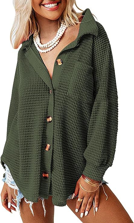 Damen lässige Waffle-Hemdenjacke mit Knopfverschluss R&B