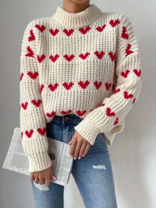 Damen Grobstrickpullover mit Herzmuster und Rollkragen R&B