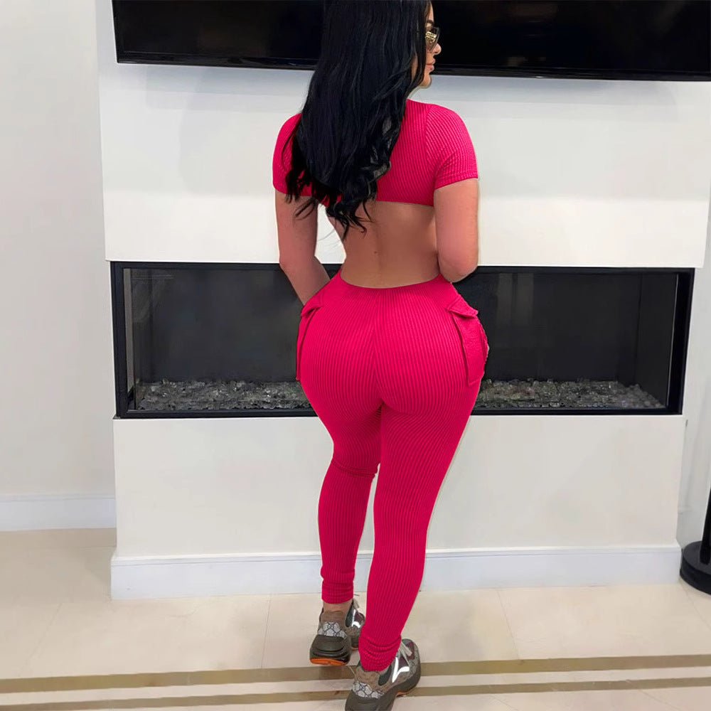 Damen figurbetontes Jumpsuit mit hohem Kragen und Seitentaschen R&B