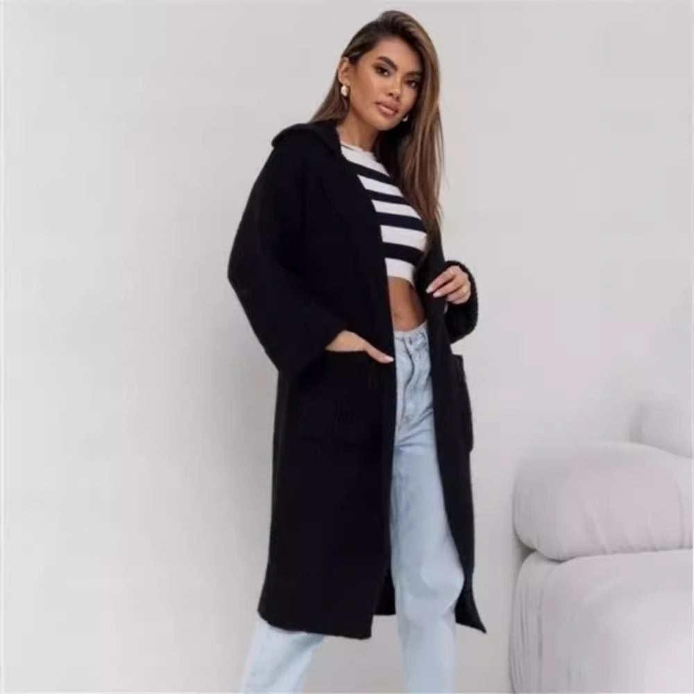 Damen Langstrickjacke mit großem Kragen und praktischen Taschen R&B