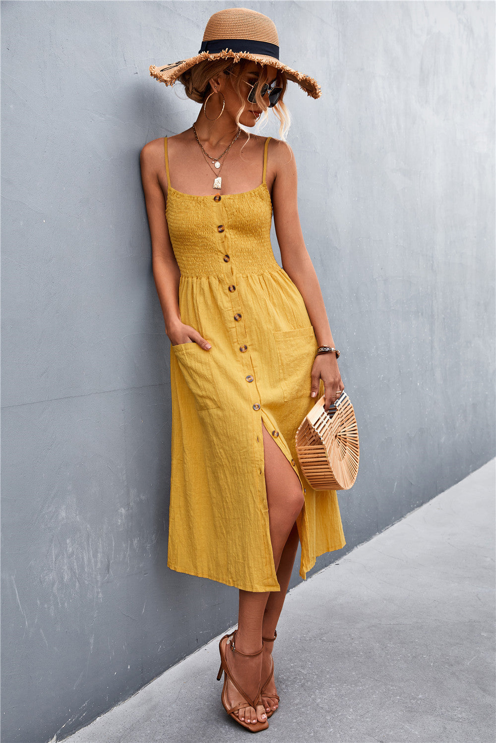 Damen Sommerliches Knopfkleid mit elastischer Taille und praktischen Taschen R&B