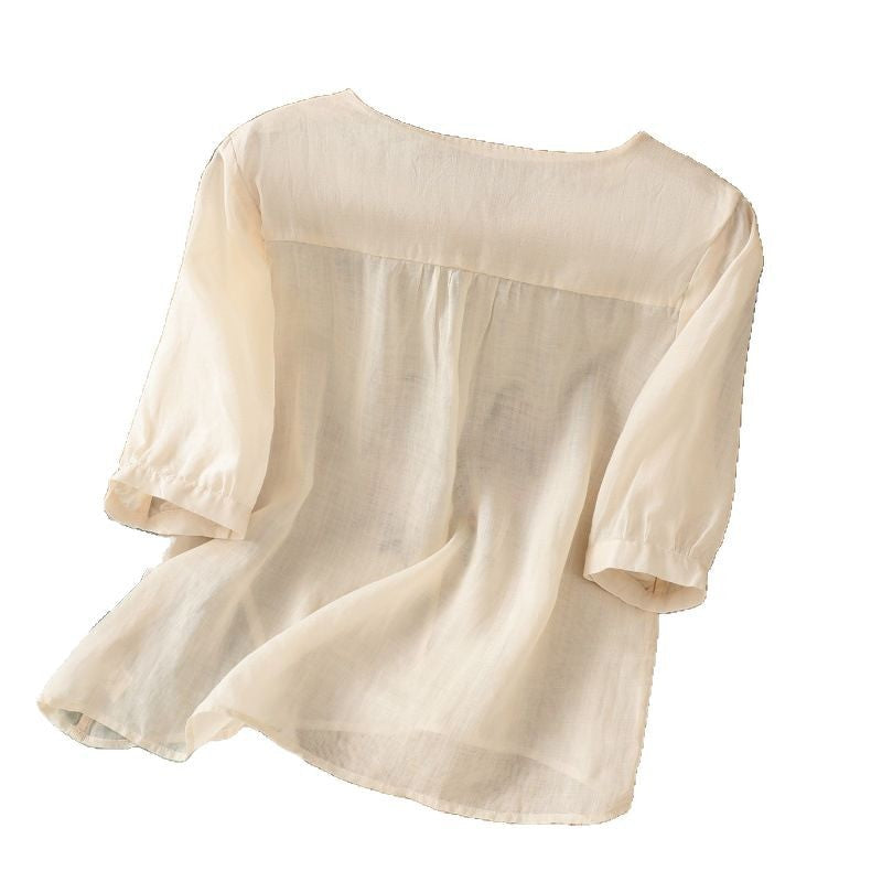 Damen Blusenshirt mit floralem Stickdesign und knöpfbarem Ausschnitt R&B