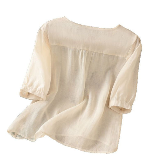 Damen Blusenshirt mit floralem Stickdesign und knöpfbarem Ausschnitt R&B