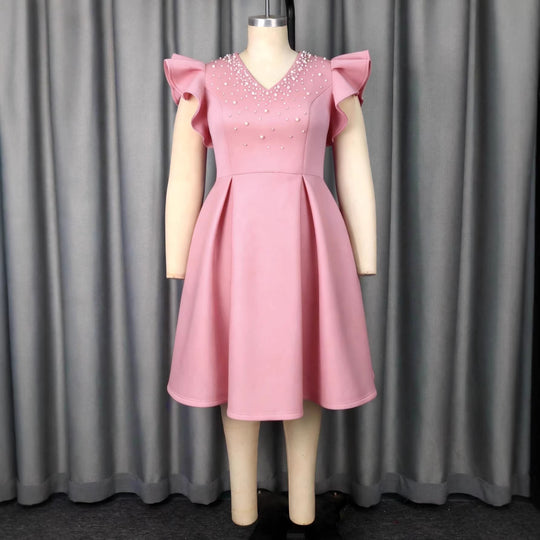 Damen A-Linien Kleid mit glitzernden Perlen und voluminösen Ärmeln R&B